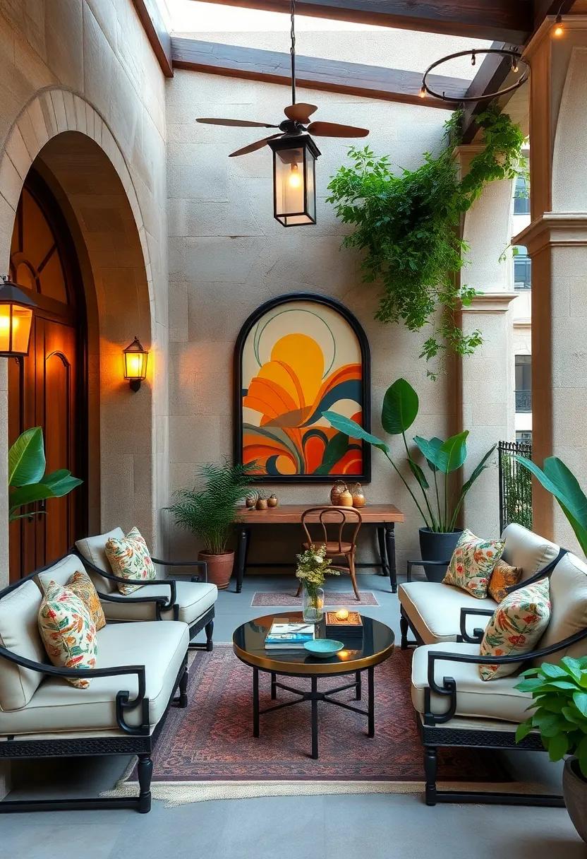 Art Deco Inspirations With Bold Symmetry, Rich Colors, and Ornate Details for Luxurious Patio Scenes