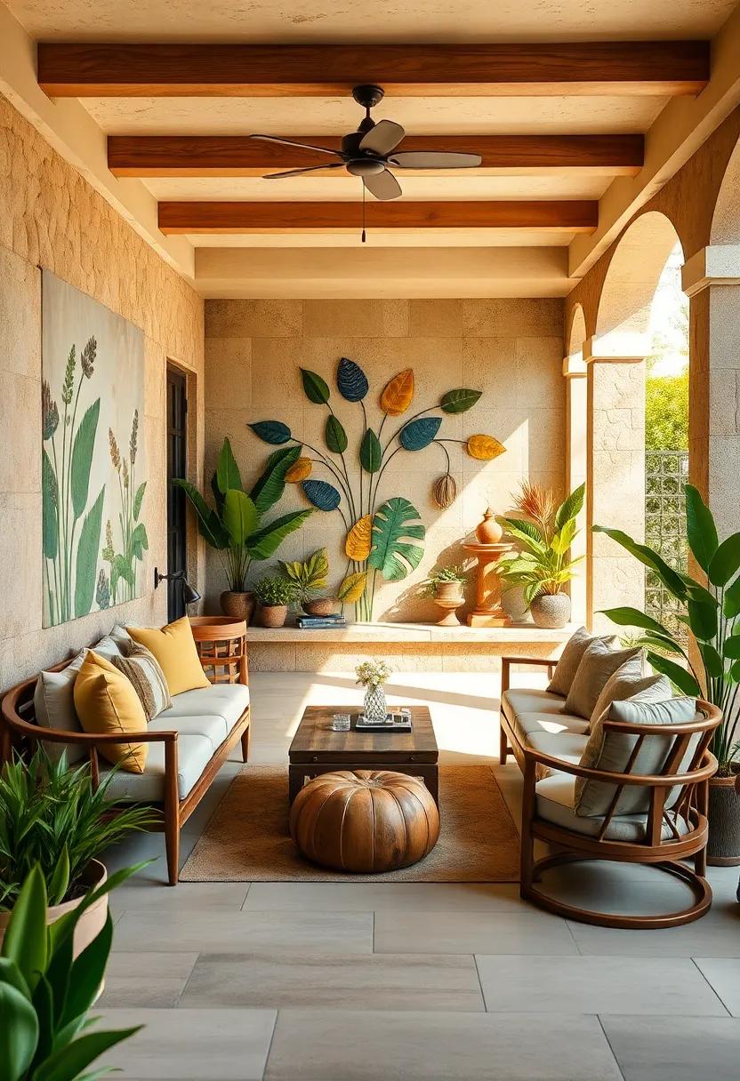 Natural Elements Imagined On Outdoor Walls With Botanical Patterns and Rustic Earth Tone Palettes