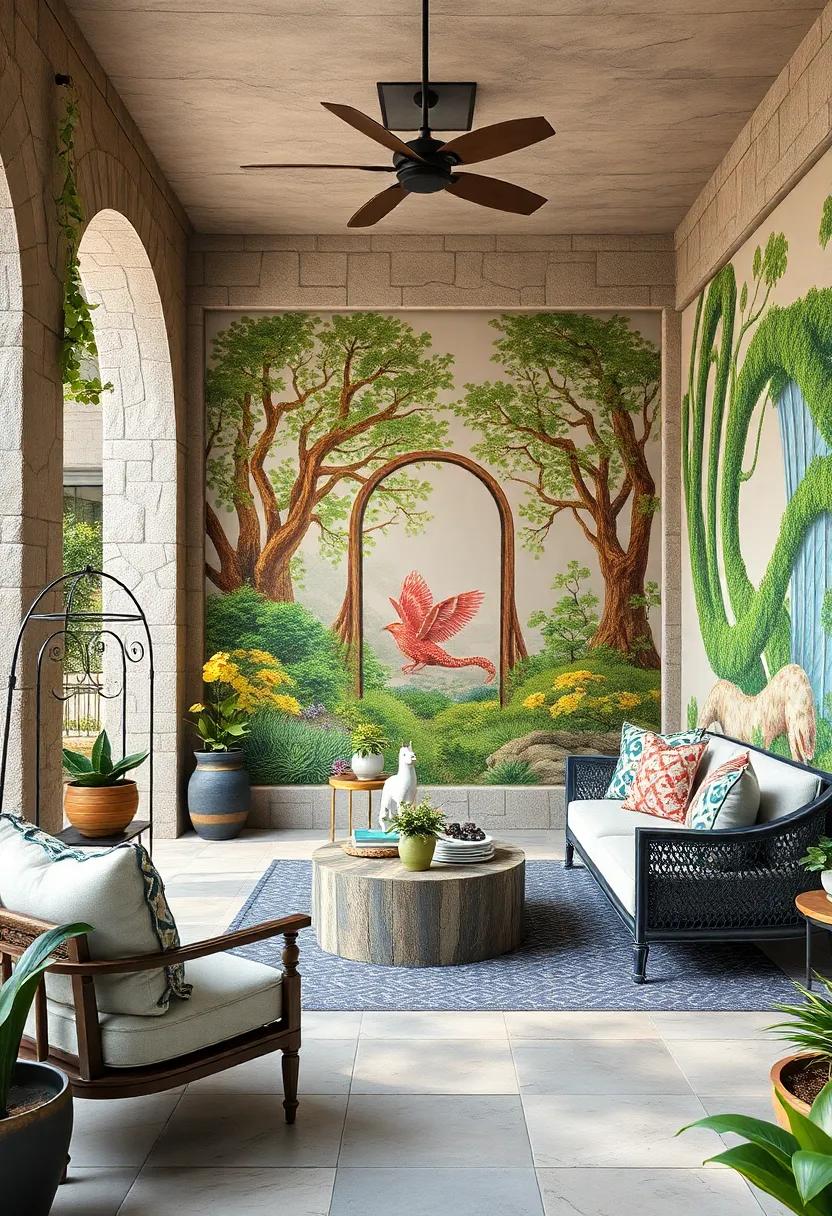 Whimsical Fairytale Scenes Featuring Enchanted Forests and Magical Creatures on Patio Walls