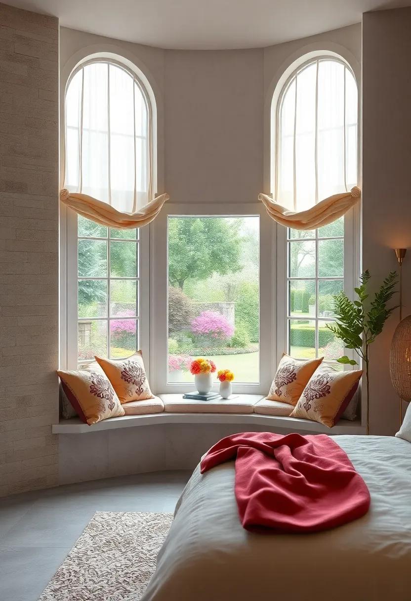 Charming Window Seats with Cushions and Throw Pillows Overlooking Garden Views