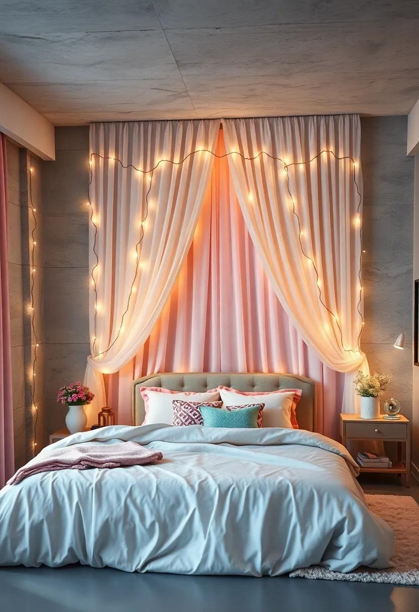 Delicate Fairy Lights Woven Through Drapery and Bed Frames for a Starry Night Effect