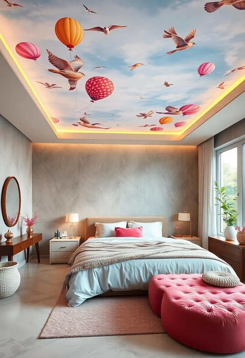 Illustrated Ceiling Art Featuring Floating Balloons and Birds to Inspire Lofty Dreams