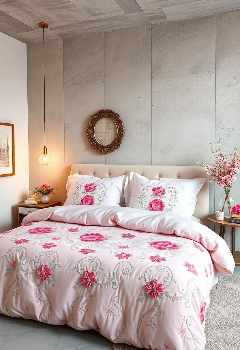 Intricate Quilted Bedding Showcasing Embroidered Flowers and Glittering Stars