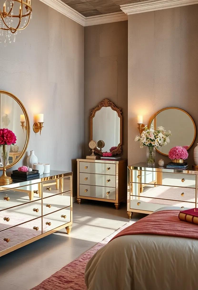 Mirrored Dressers Reflecting Ambient Light and Royal Decor Pieces with Grace