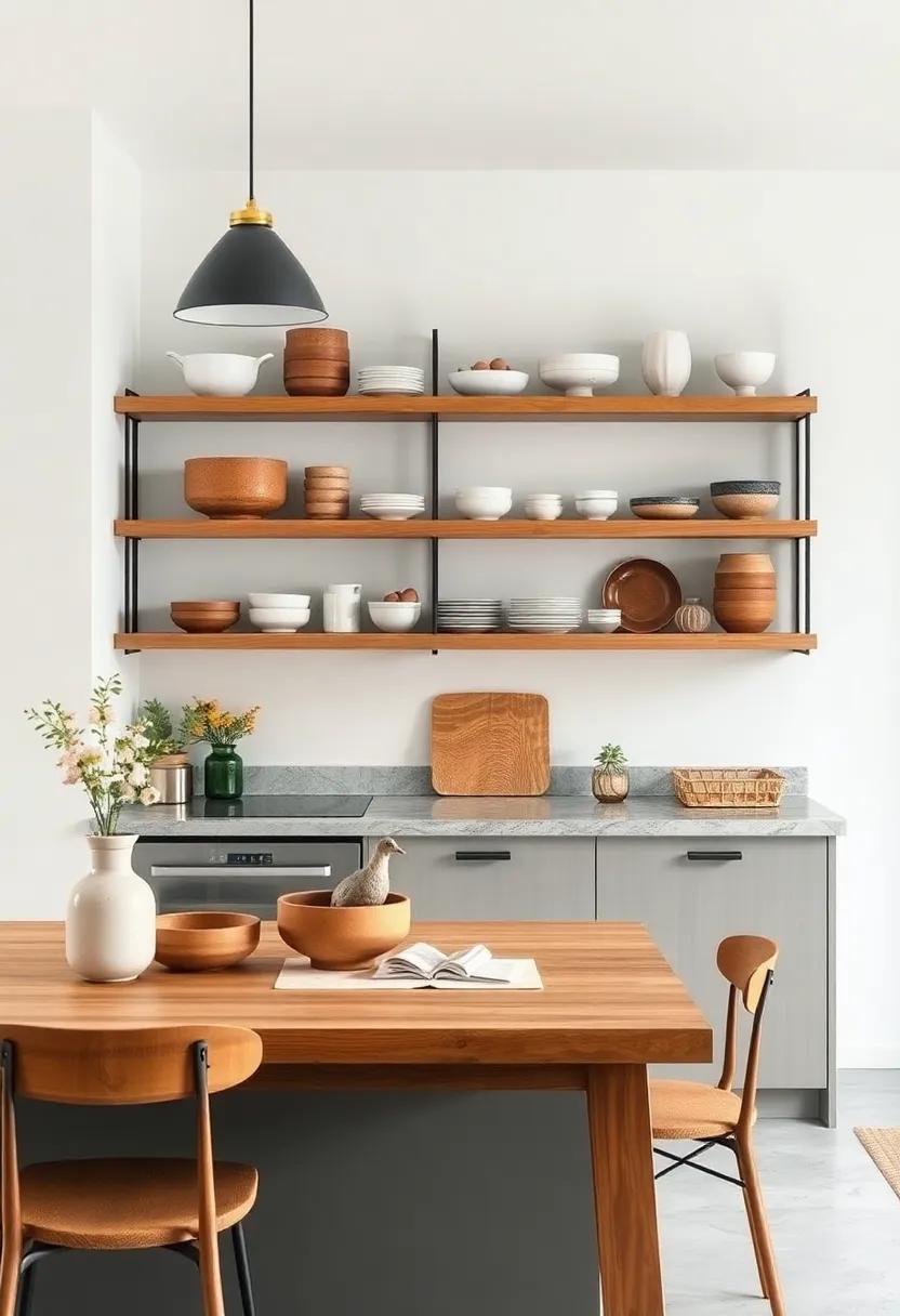 Open Shelving Displaying Curated Collections of Simple Ceramics And Rustic Wooden Bowls Against Clean White Walls
