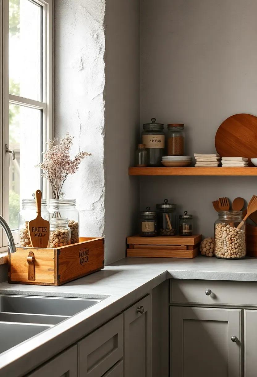 Rustic Scandinavian Kitchen Corners Showcasing Vintage Wooden Boxes and Glass Jars Filled With Pantry Staples