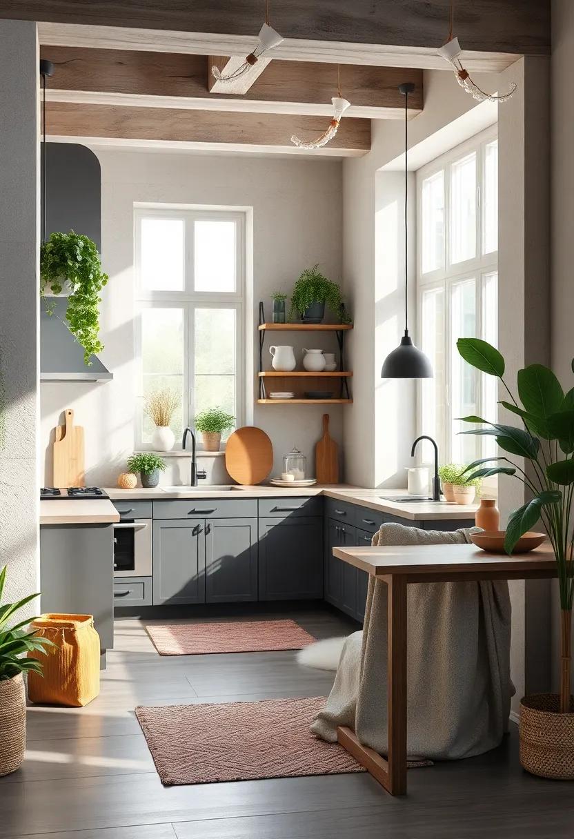 A Serene Scandinavian Kitchen Featuring Minimalist Design Paired With Cozy Textured Textiles and Green Indoor Plants
