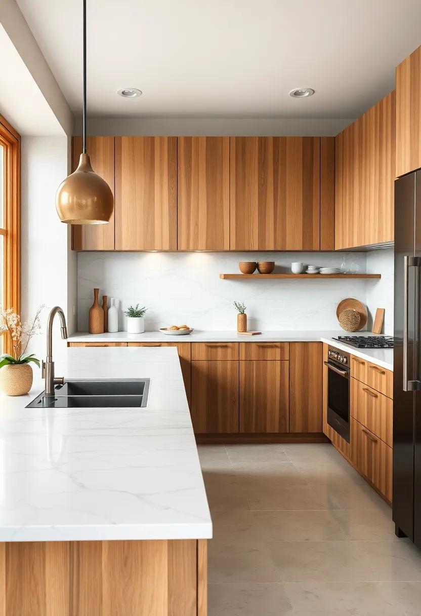The Soft Contrast of Smooth Marble Countertops Set Against Warm Birch Cabinets Offering Understated Elegance