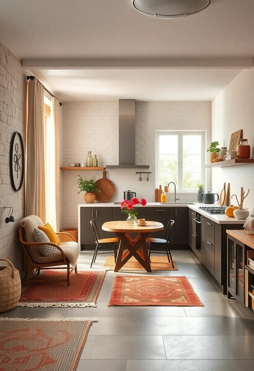 Textural Interplay Between Woven Rugs, Linen Curtains, and Smooth Surfaces Enriching the Scandinavian Kitchen Atmosphere