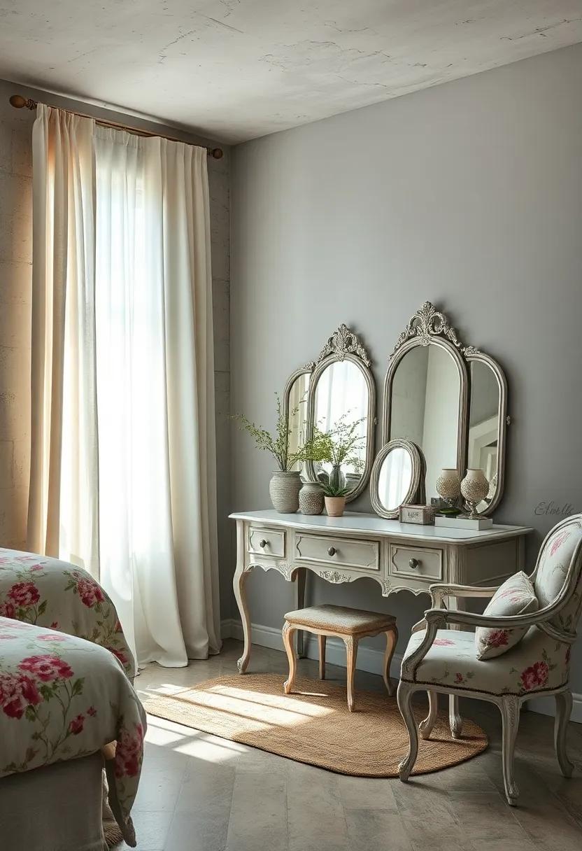 Sunlight Filtering Through Sheer Curtains Over A Shabby Chic Dressing Table Adorned With Antique Mirrors