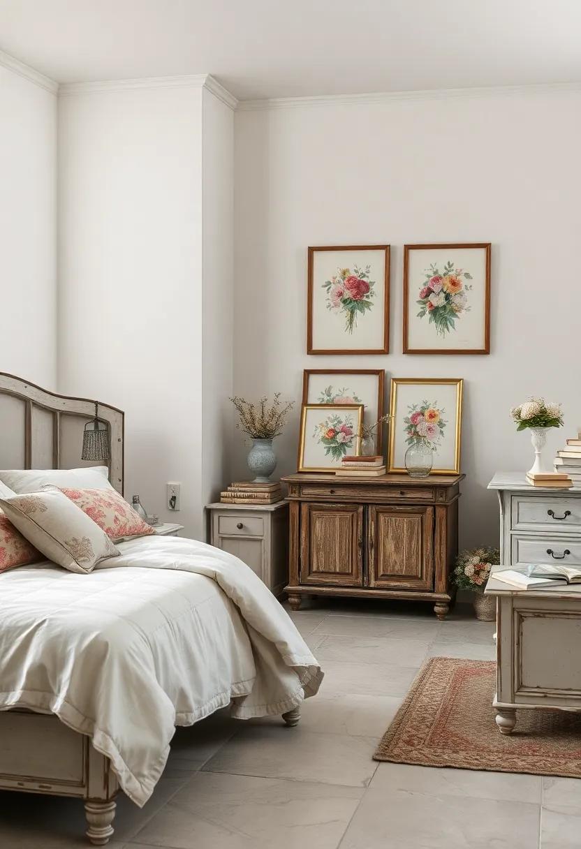 Artfully Arranged Collection Of Antique Books, Floral Prints, And Distressed Furniture For A Romantic Bedroom Ambiance
