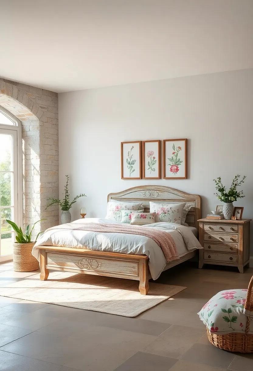 Vintage Brass Bedside Lamps Casting Warm Glows Over Rustic Wooden Furniture With Faded Floral Patterns