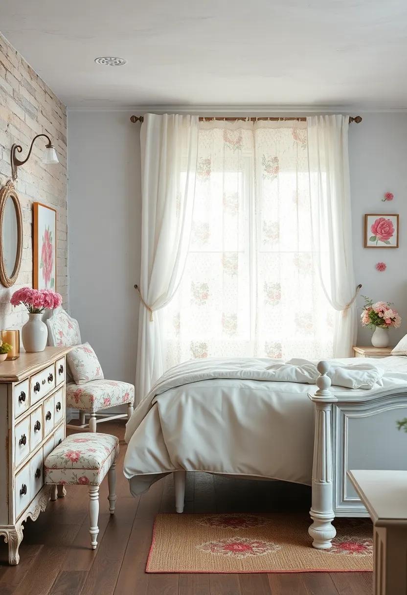 Delicate Lace Curtains Flowing Lightly Against Weathered Paint And Floral Wall Decorations In A Cozy Bedroom Space