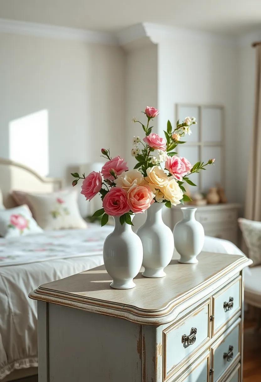 Delicate Porcelain Vases Overflowing With Peonies And Roses On A Distressed Dresser In A Sunlit Bedroom