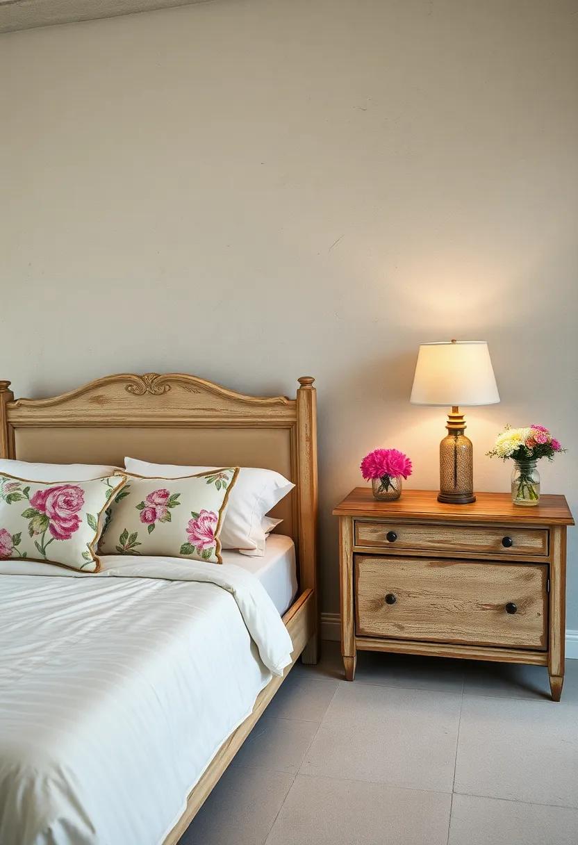 Rustic Nightstands Displaying Vintage Lamps And Fresh Wildflowers In Mason Jars For A Whimsical Charm