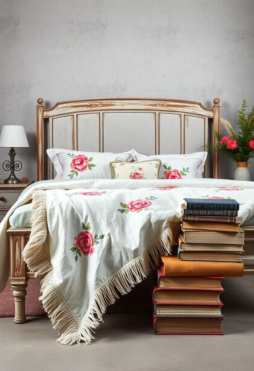 Frayed Edges Of A Handcrafted Quilt Draped Over A Restored Bed Frame Beside A Stack Of Well-Worn Books
