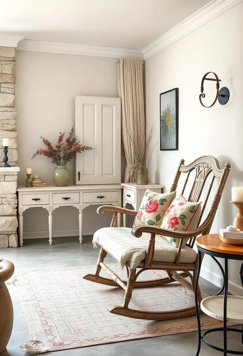 Curved Lines Of A Weathered Rocking Chair Complemented By Floral Throw Pillows In A Quiet Corner Retreat
