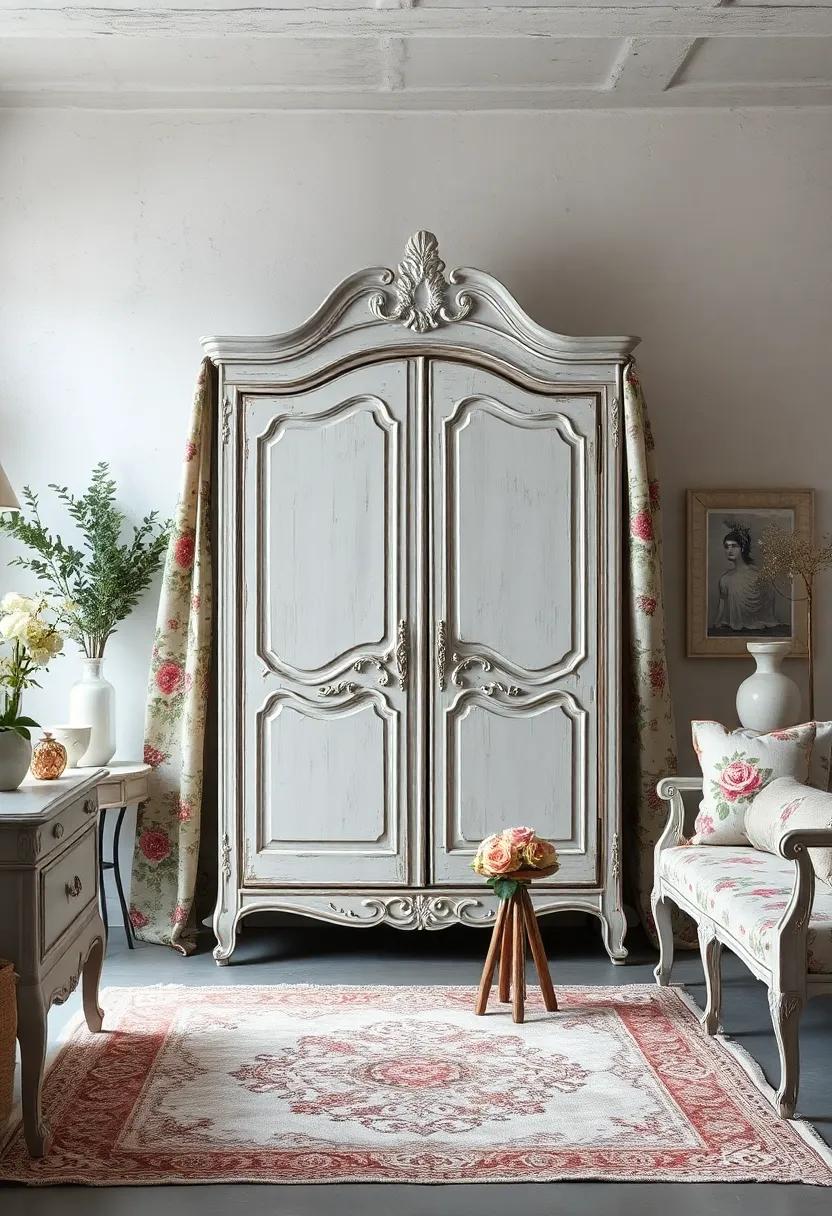 A Timeworn French Armoire With Distressed Paint Flanked By Floral Drapes And Soft Antique Rugs