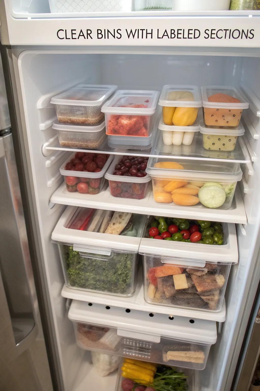 Transparent bins with clear labels neatly organizing various frozen foods in a top freezer.