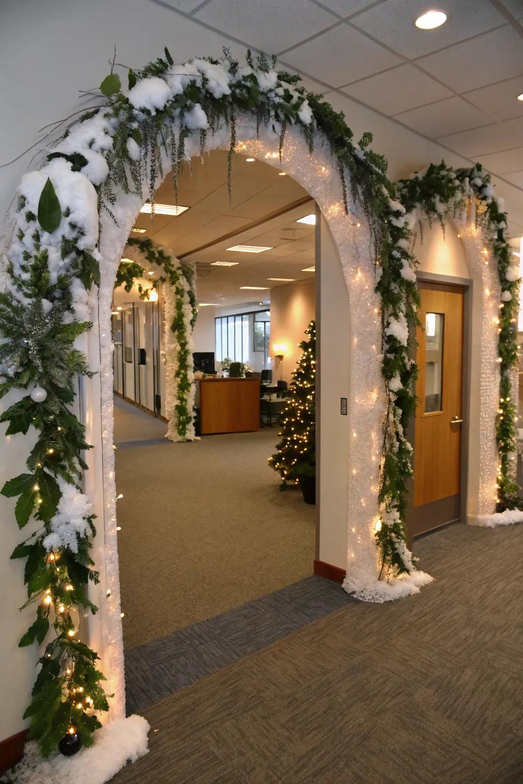 Snow-covered arches welcome visitors into a winter-themed office.