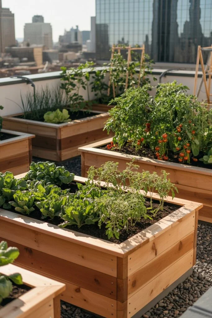 Raised garden beds on rooftop