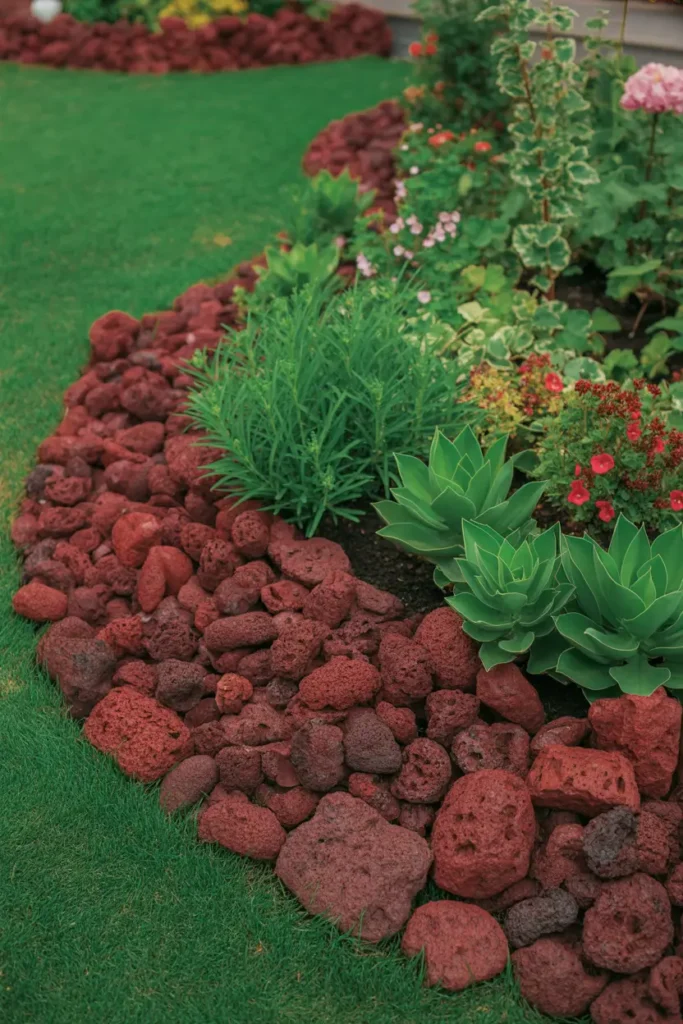Red lava rock border around garden beds