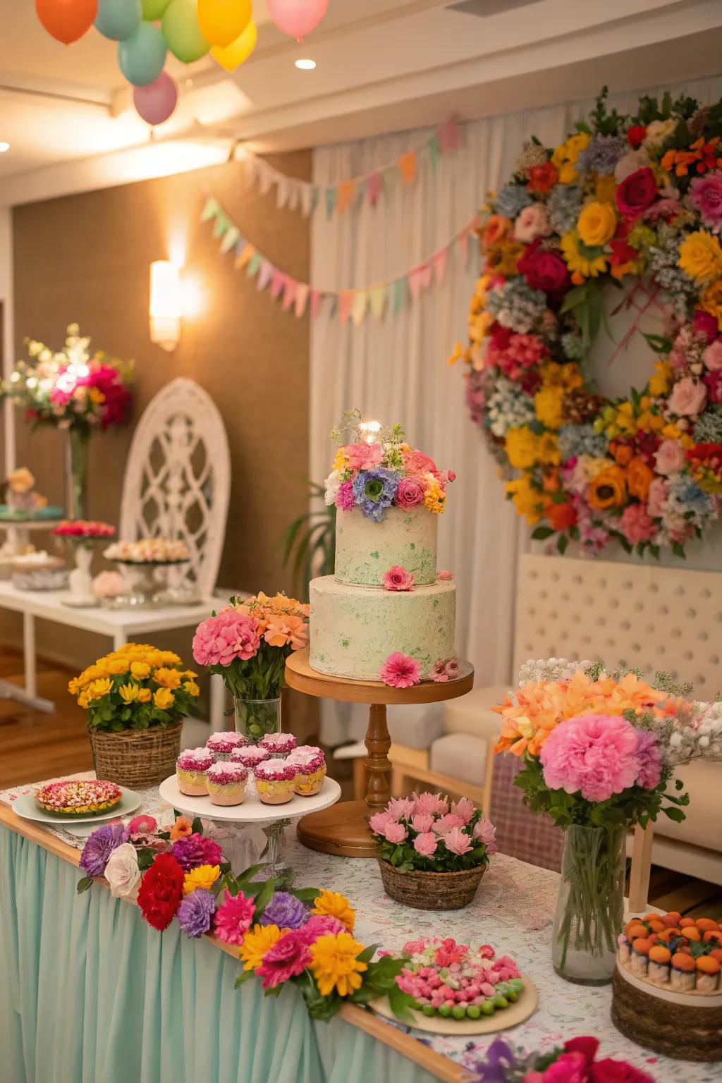 Host a vibrant flower-themed birthday celebration filled with colorful blooms.