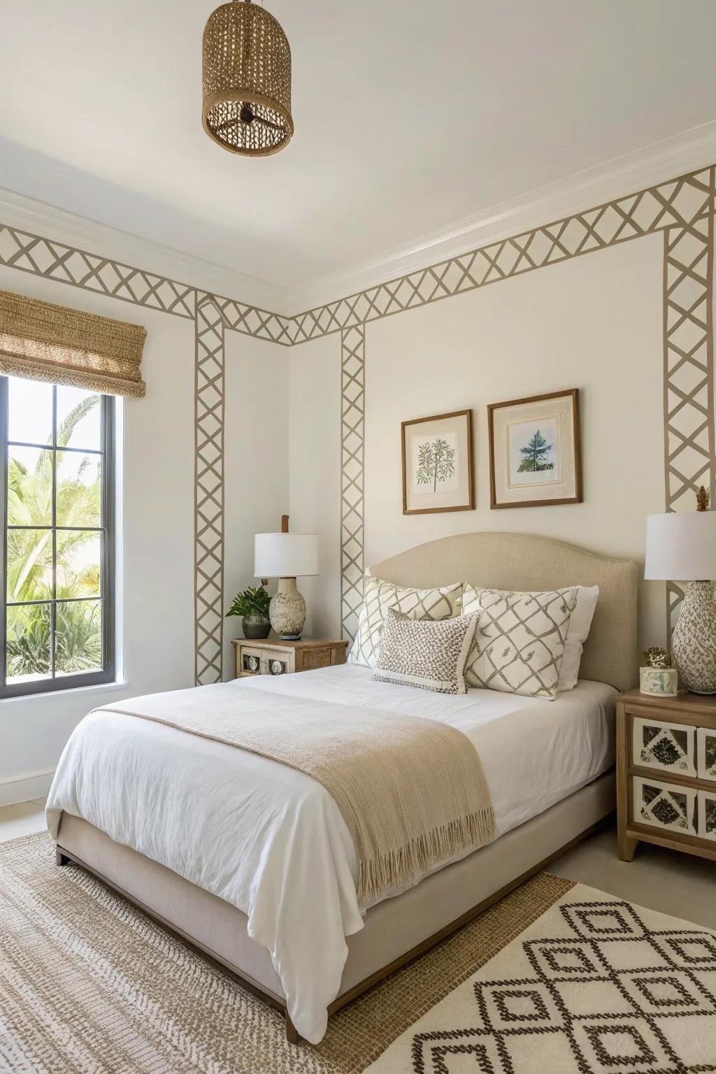Guest bedroom featuring striking geometric wall trim patterns.