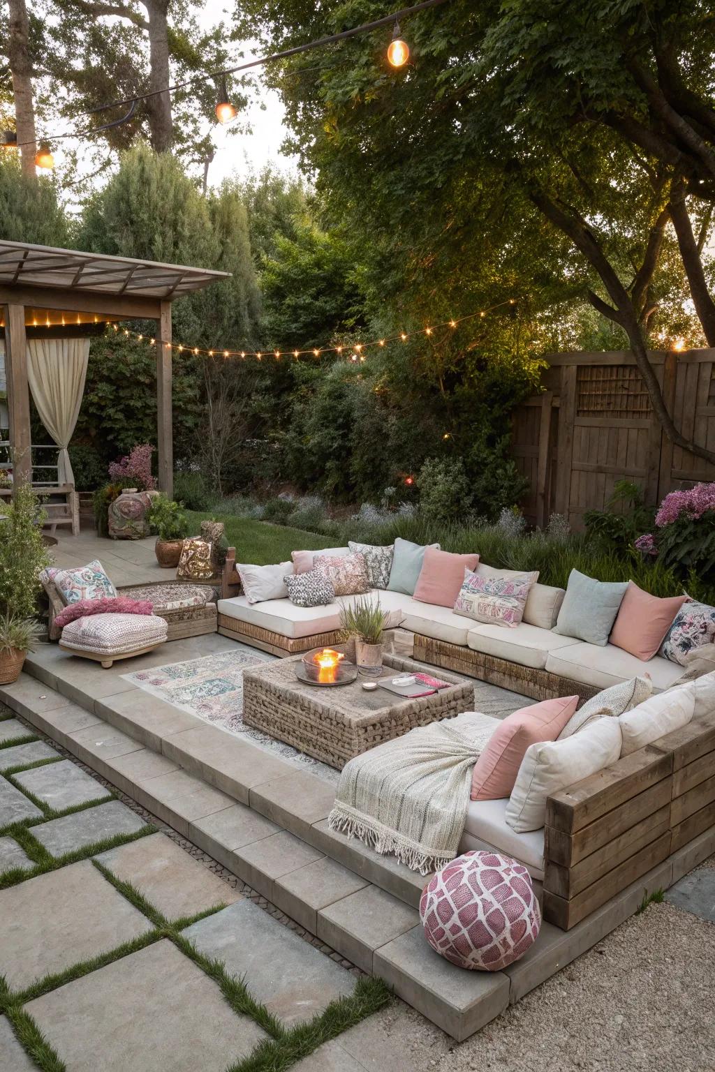 Cozy sunken lounge area perfect for intimate outdoor gatherings.