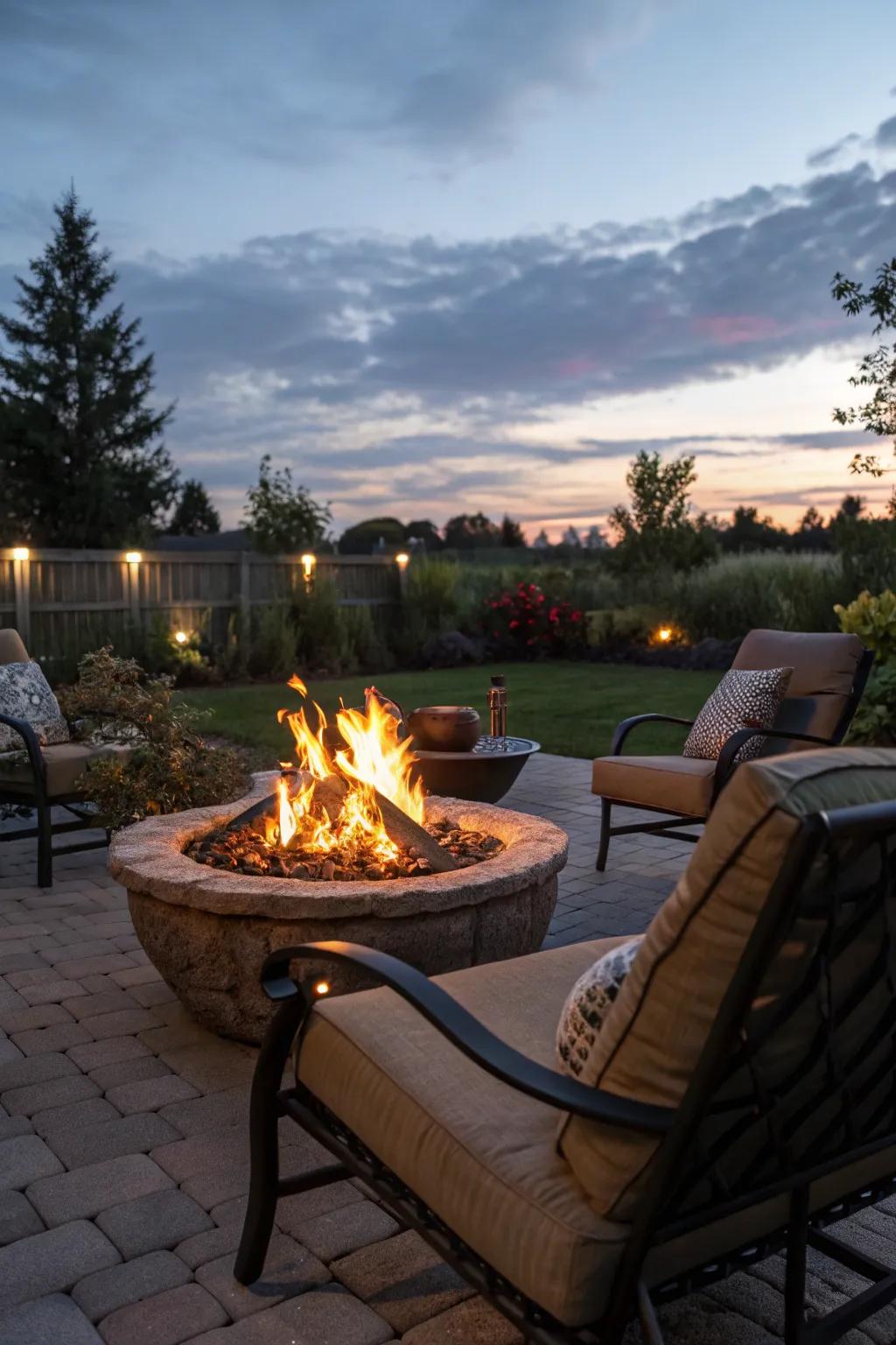 Fire pit surrounded by seating, perfect for warm nights and socializing.
