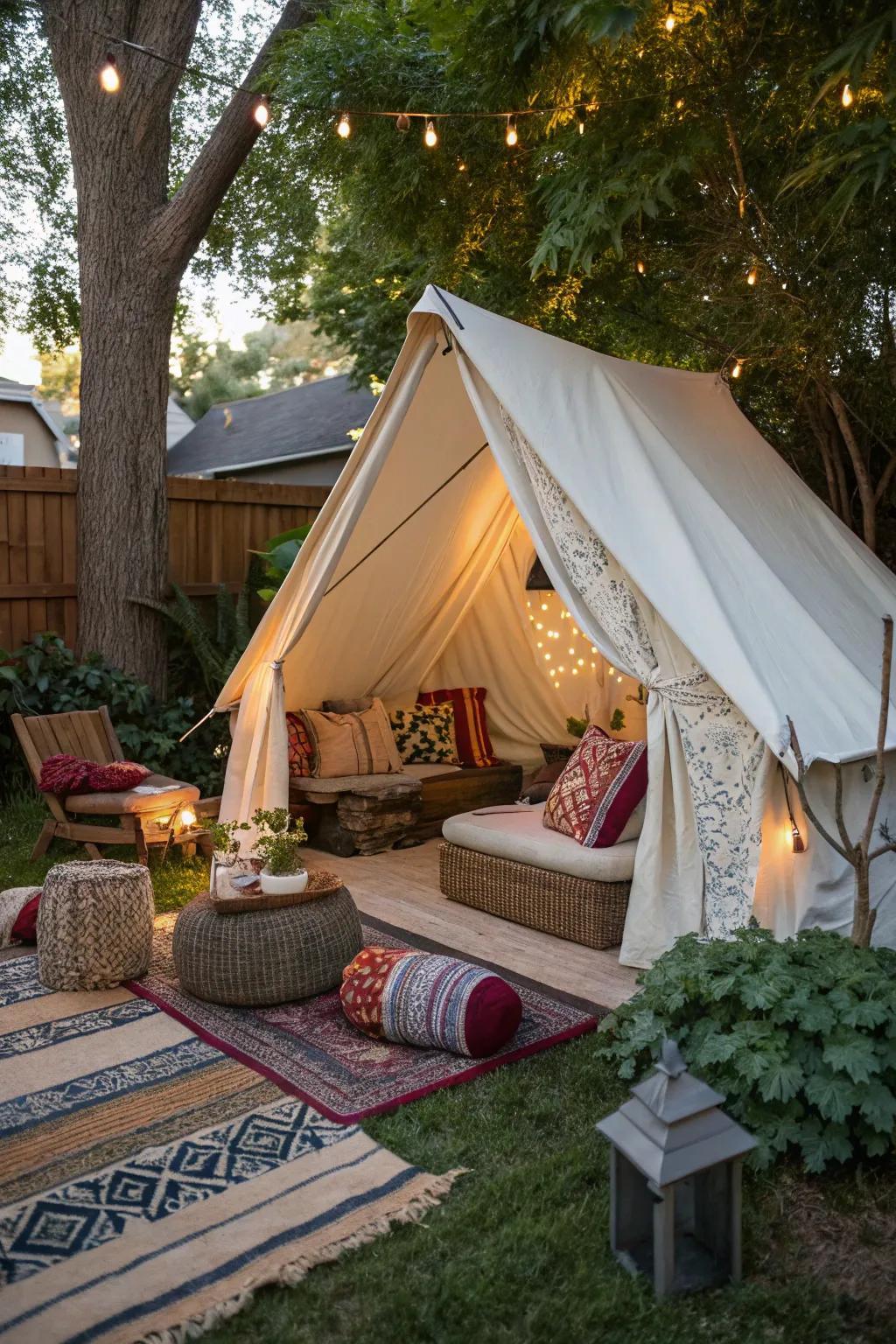 Bohemian tented lounge with cushions and throws for ultimate comfort.