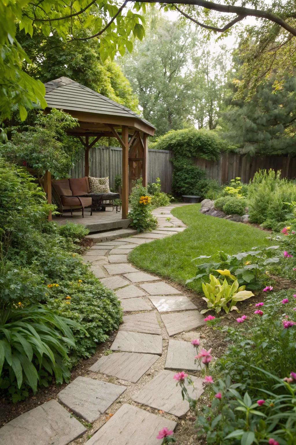 Winding garden path inviting exploration and charm.