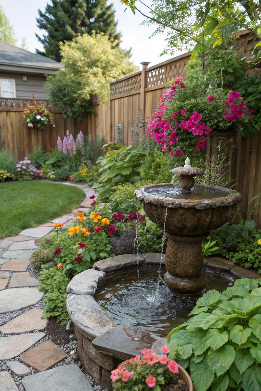 Handmade water feature adding calming sounds to the garden.