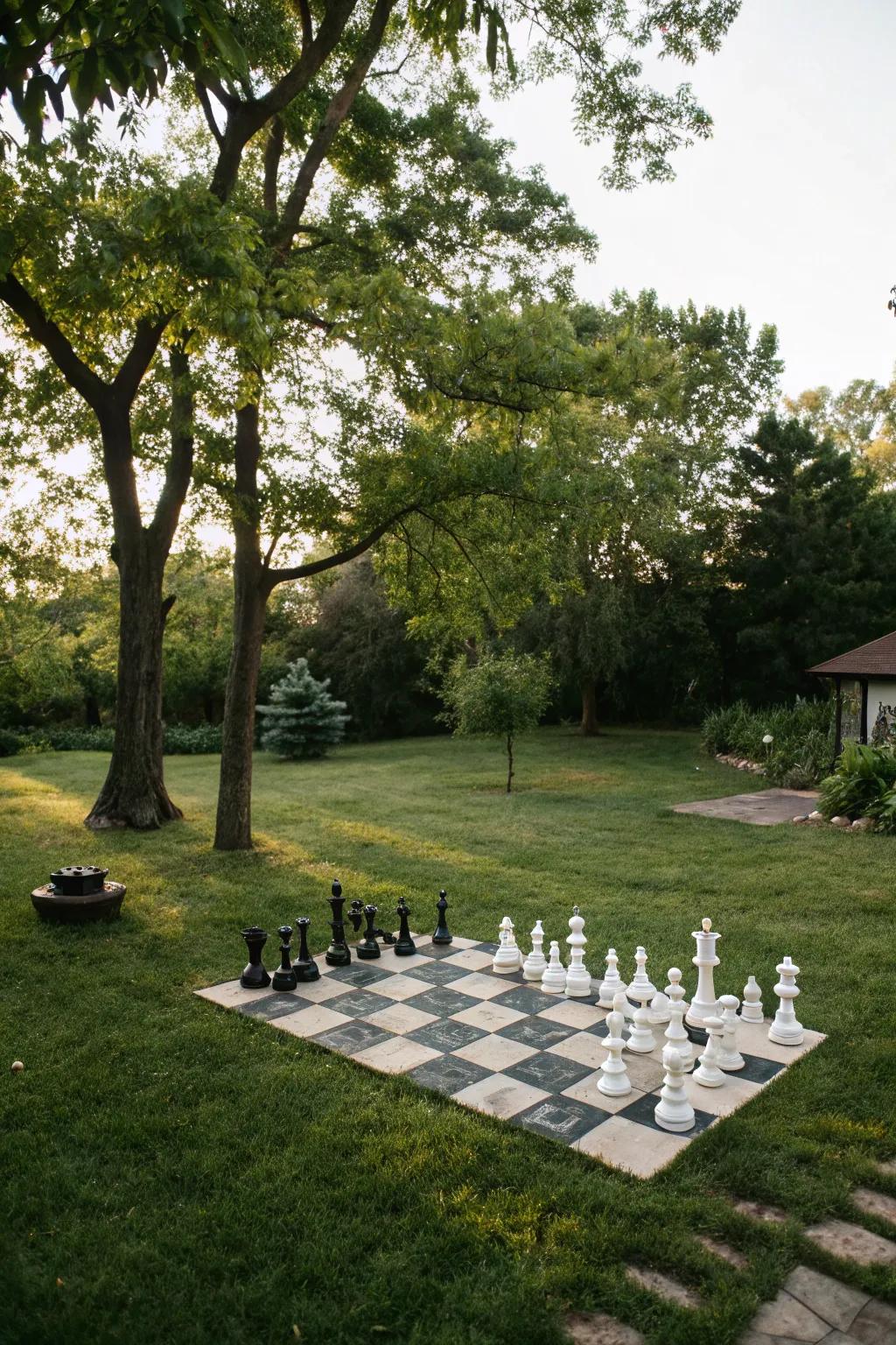 Large outdoor chess set providing entertainment and visual appeal.
