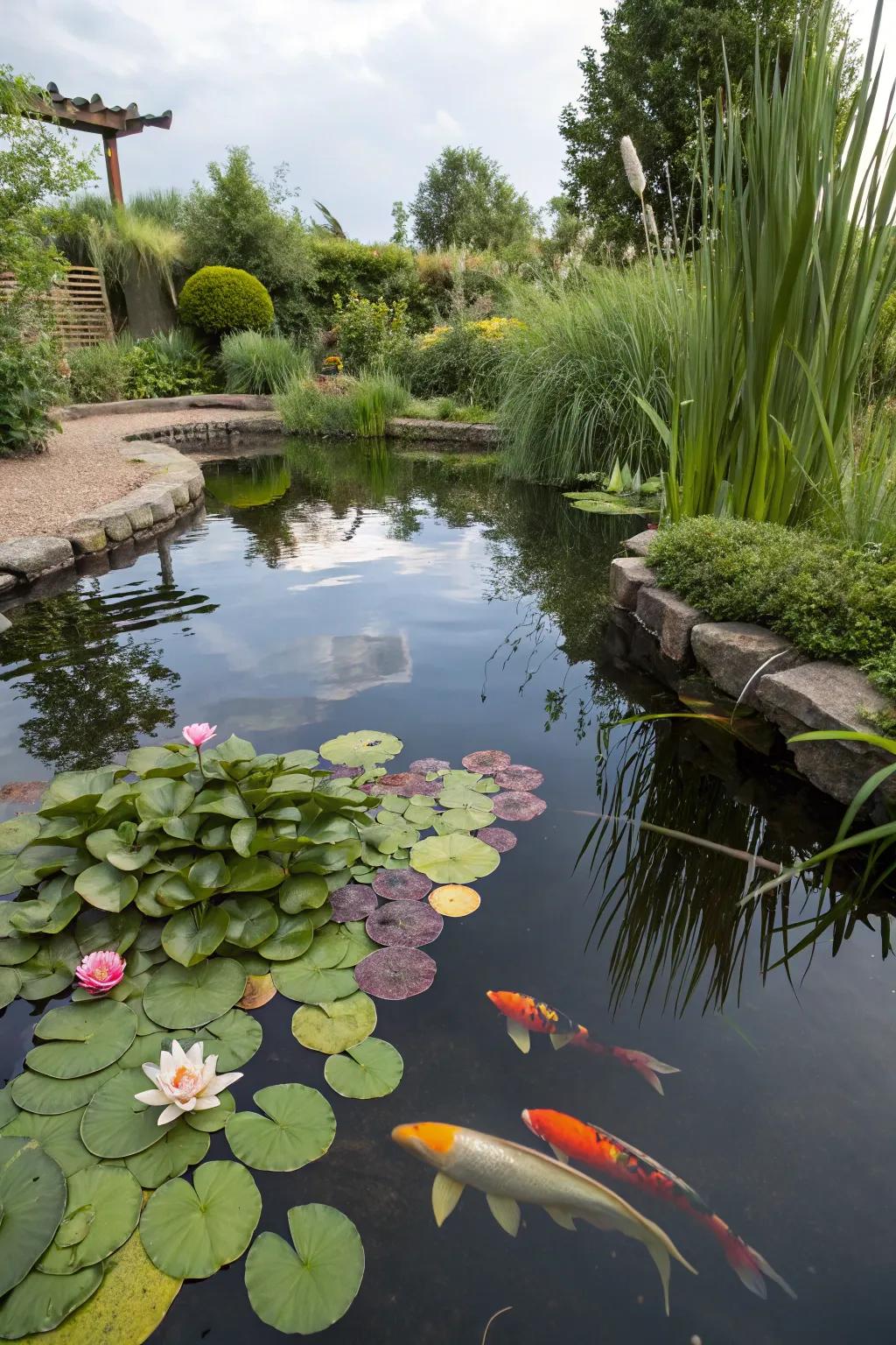 Serene garden pond with aquatic plants and fish.