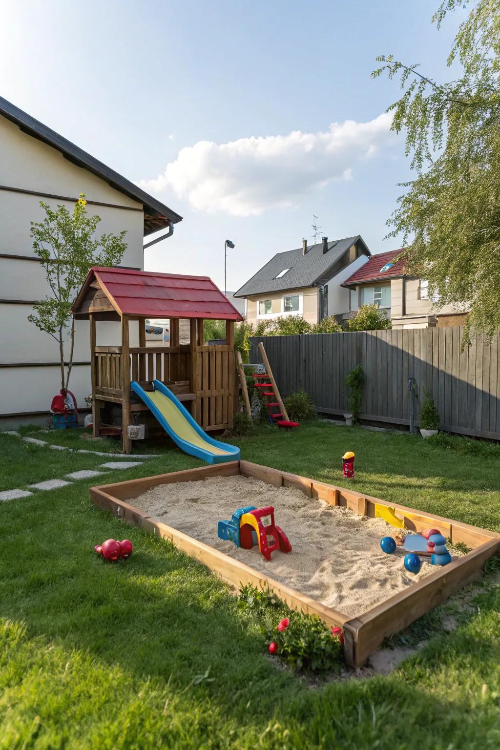 Children's play area with slide and sandbox for outdoor fun.