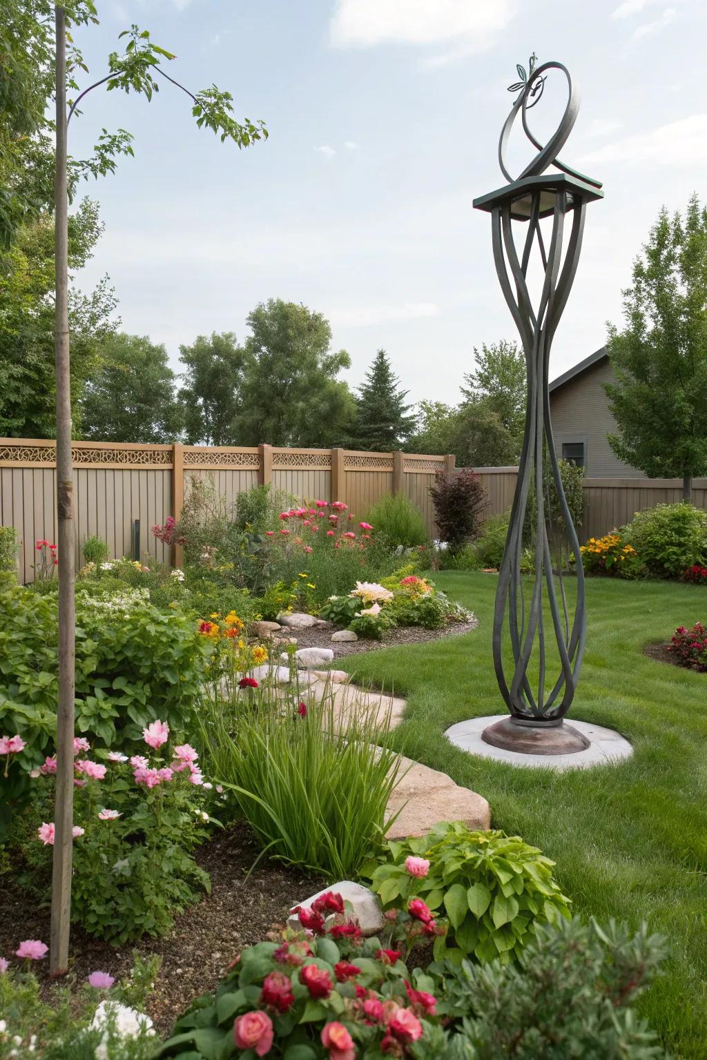 Modern garden sculpture adding artistic flair to outdoor space.