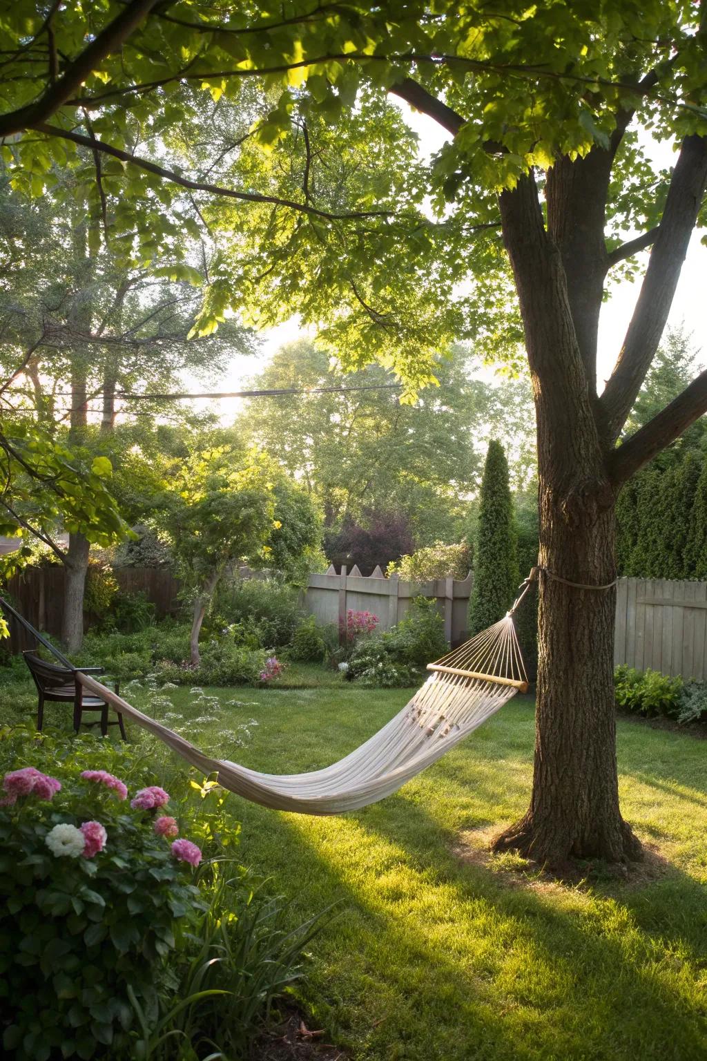 Hammock nestled between trees for peaceful outdoor relaxation.