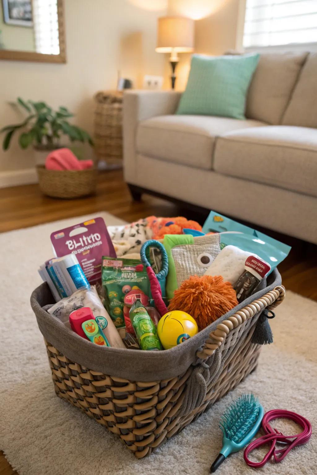 A basket brimming with pet toys and treats.