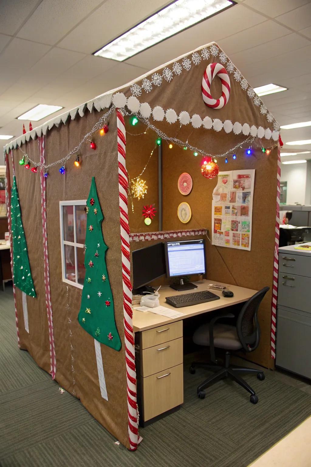 Cubicle decorated as a gingerbread house with colorful accents.