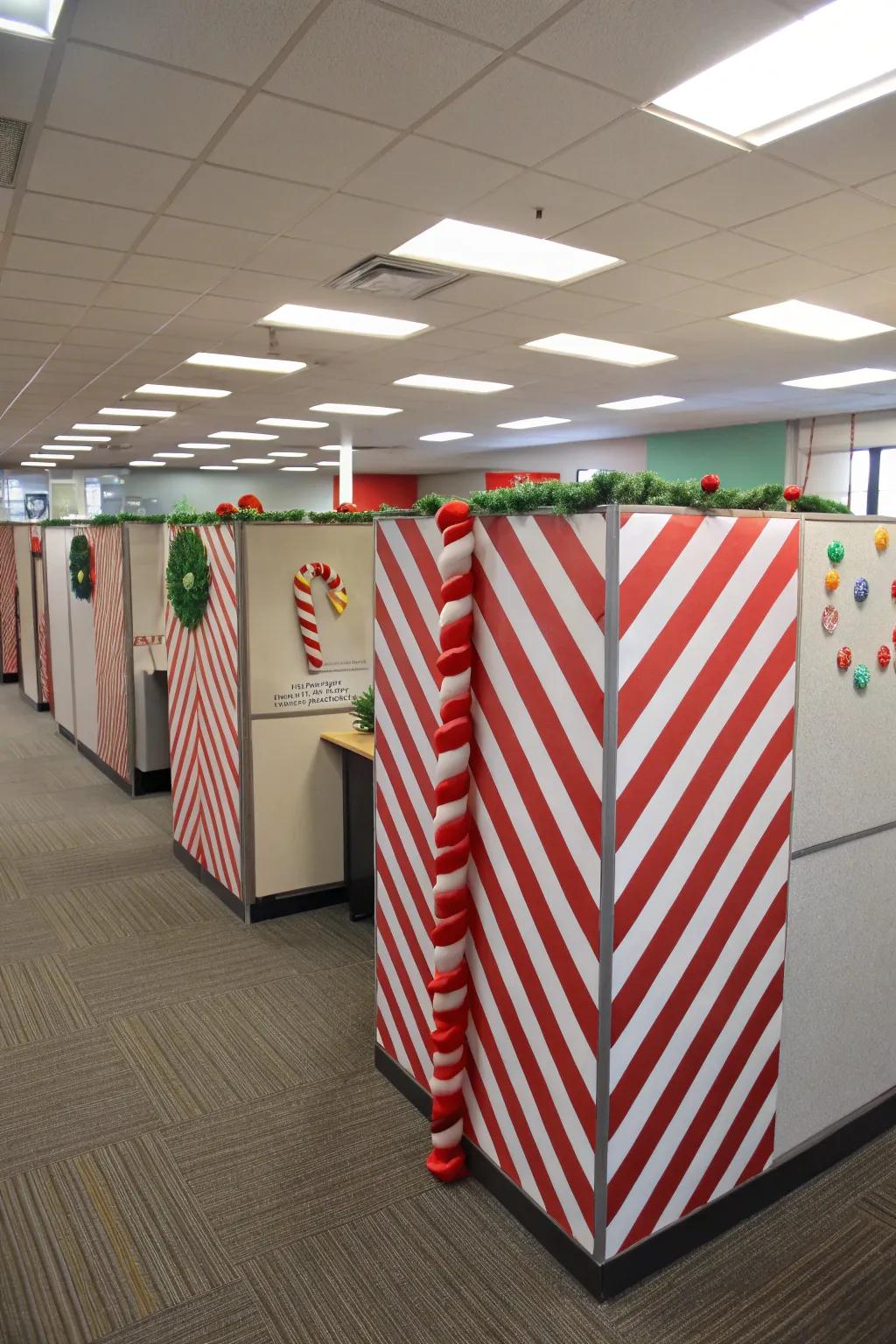 Cubicle decorated with candy cane stripes for a festive look.