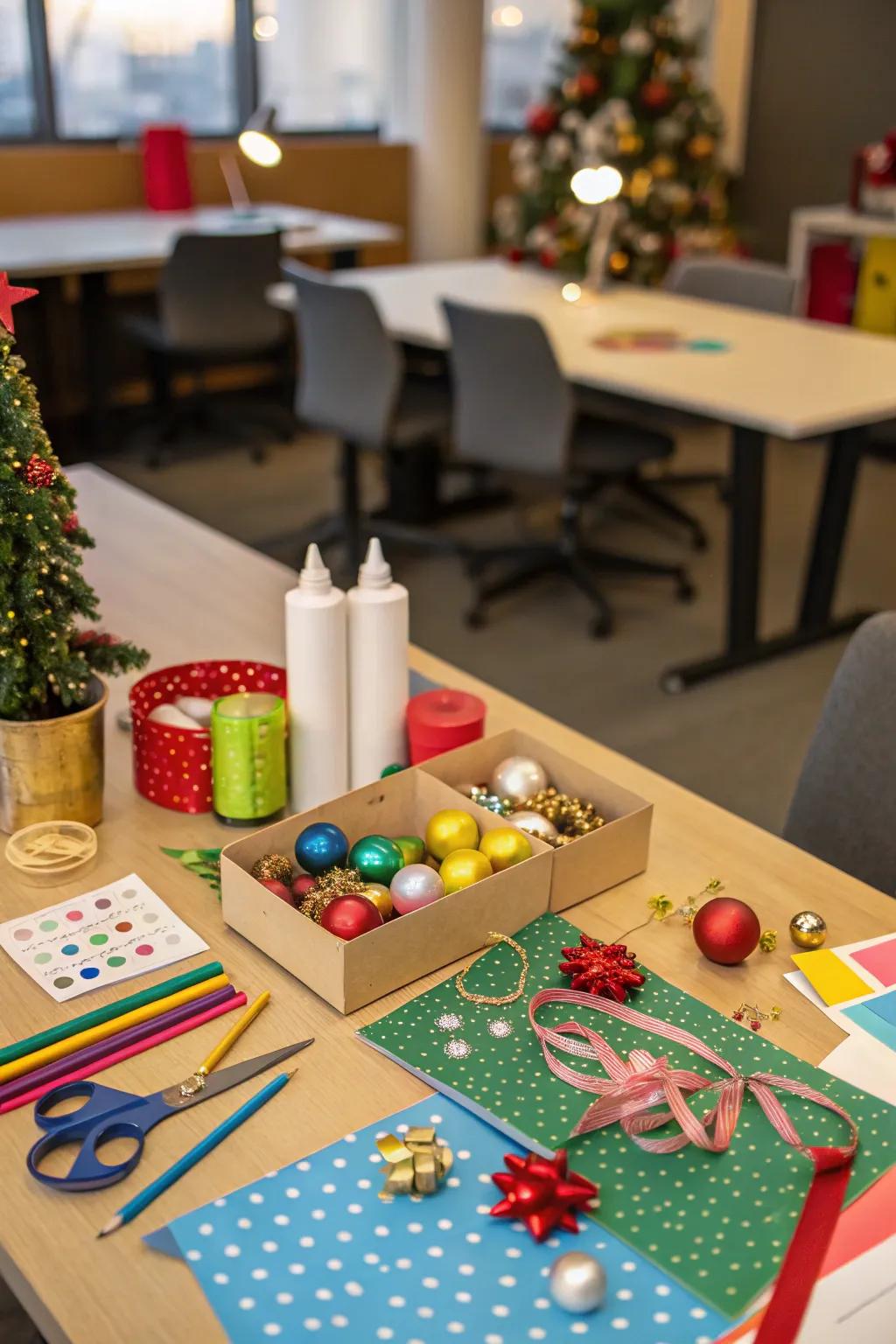 A DIY ornament crafting station encourages office creativity.