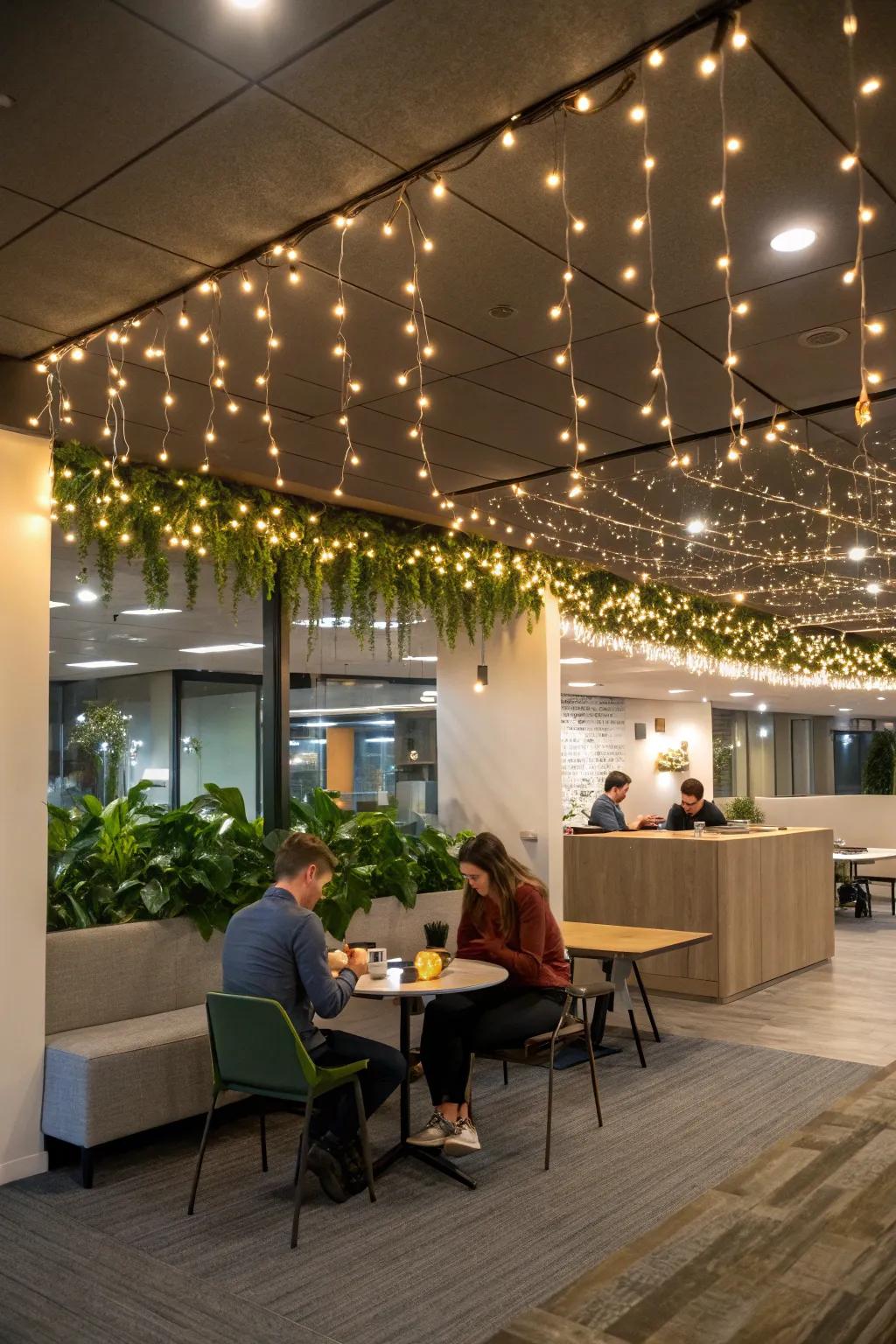 A canopy of fairy lights creates a magical office ambiance.