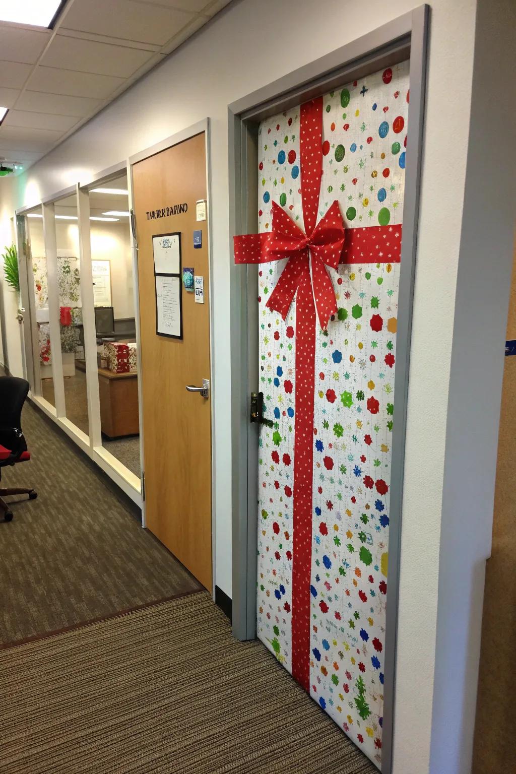 Office doors wrapped like giant gifts for a festive surprise.