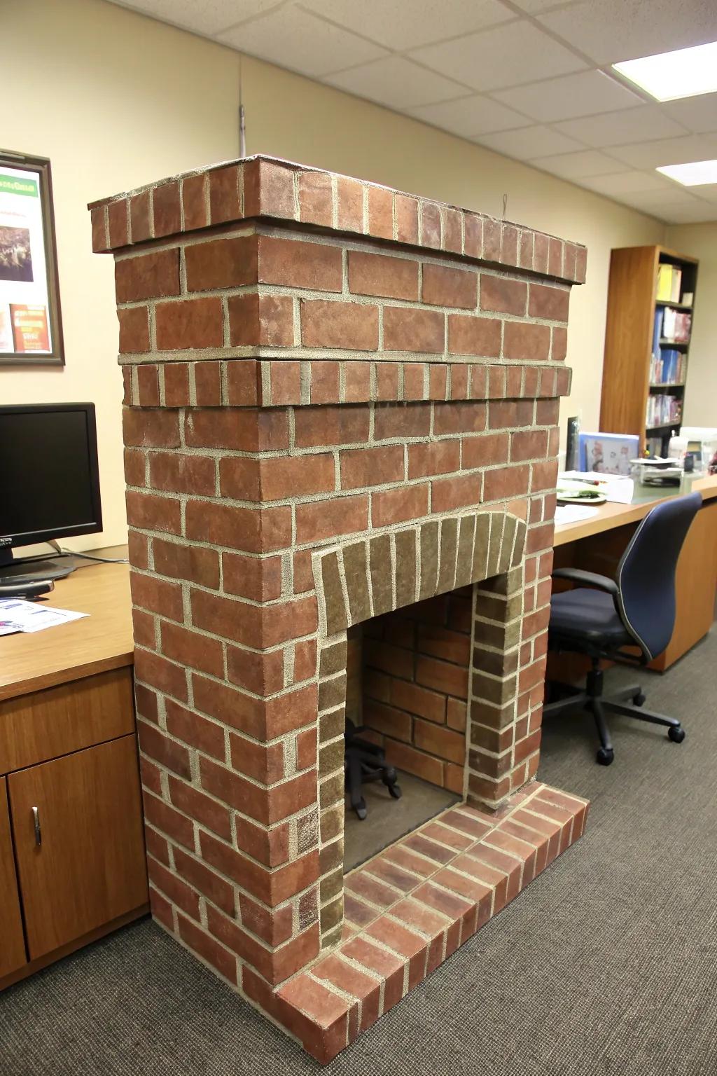 A handmade faux fireplace adds cozy charm to office decor.