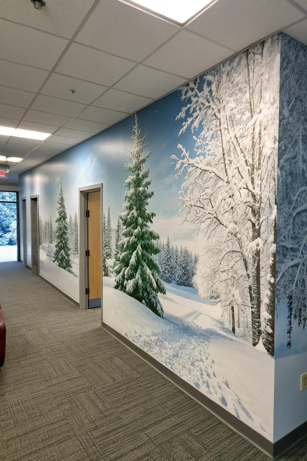 A winter wonderland mural decorates an office wall with festive charm.