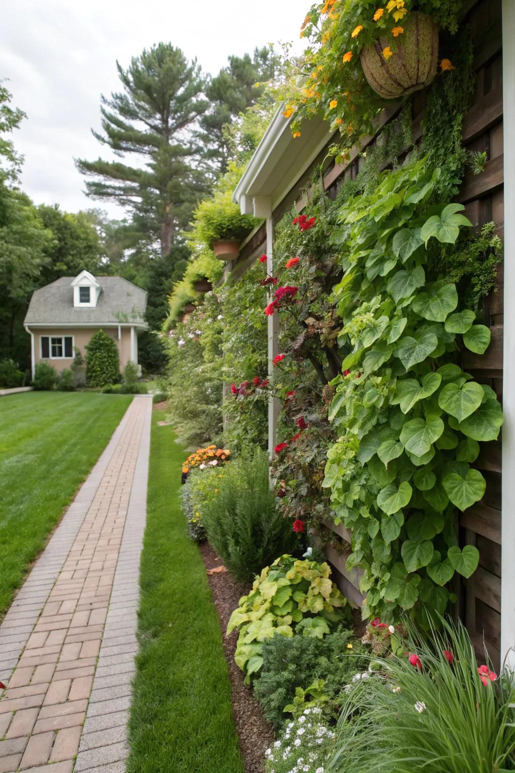 Vertical garden turning a plain wall into a lush green feature.