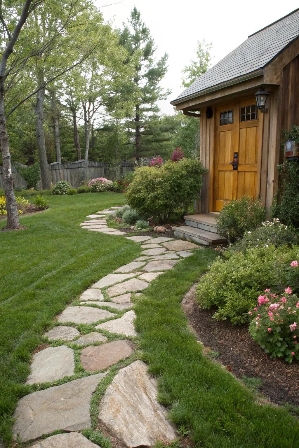 Rustic natural stone pathway enhancing garden charm.
