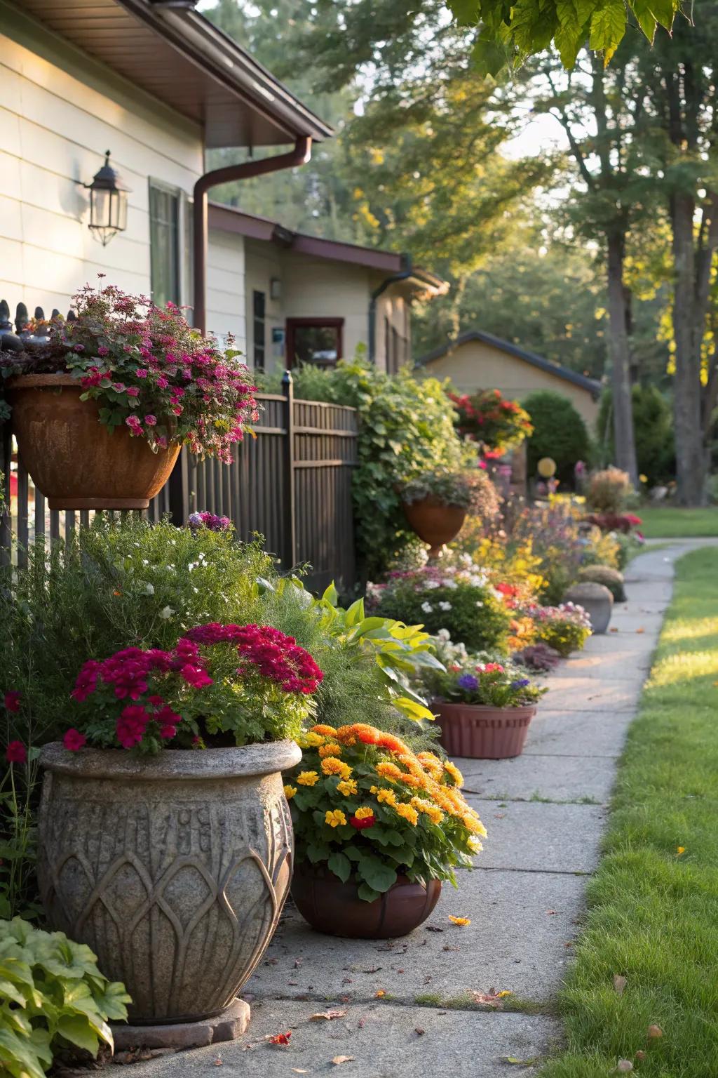 Front yard decorated with colorful pots and thriving plants.