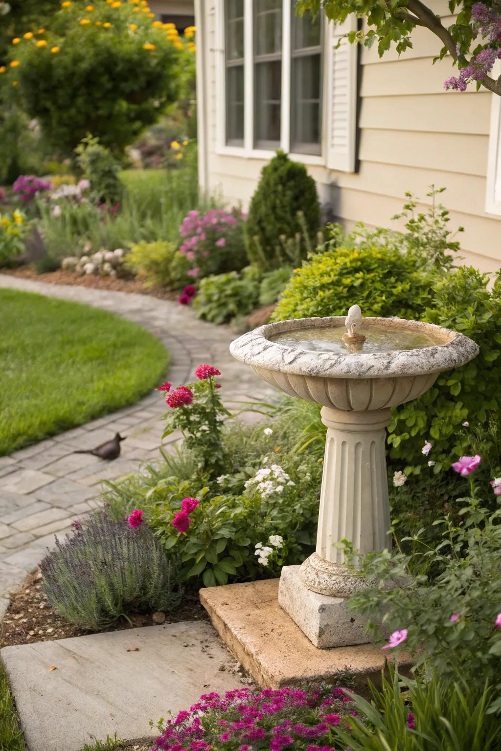 Birdbath serving as a charming accent feature in the garden.